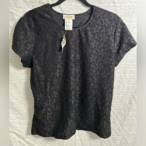 Vtg Talbots Black Lace Top Lined Short Sleeve Top Floral Lace Stretch Comfy Sz L